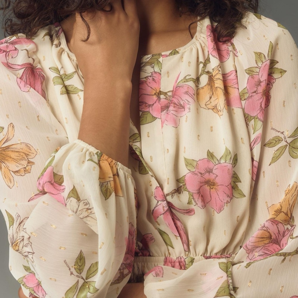 Maeve Cream Floral Mini Dress with Pink & Yellow Flowers - Picture 4 of 11